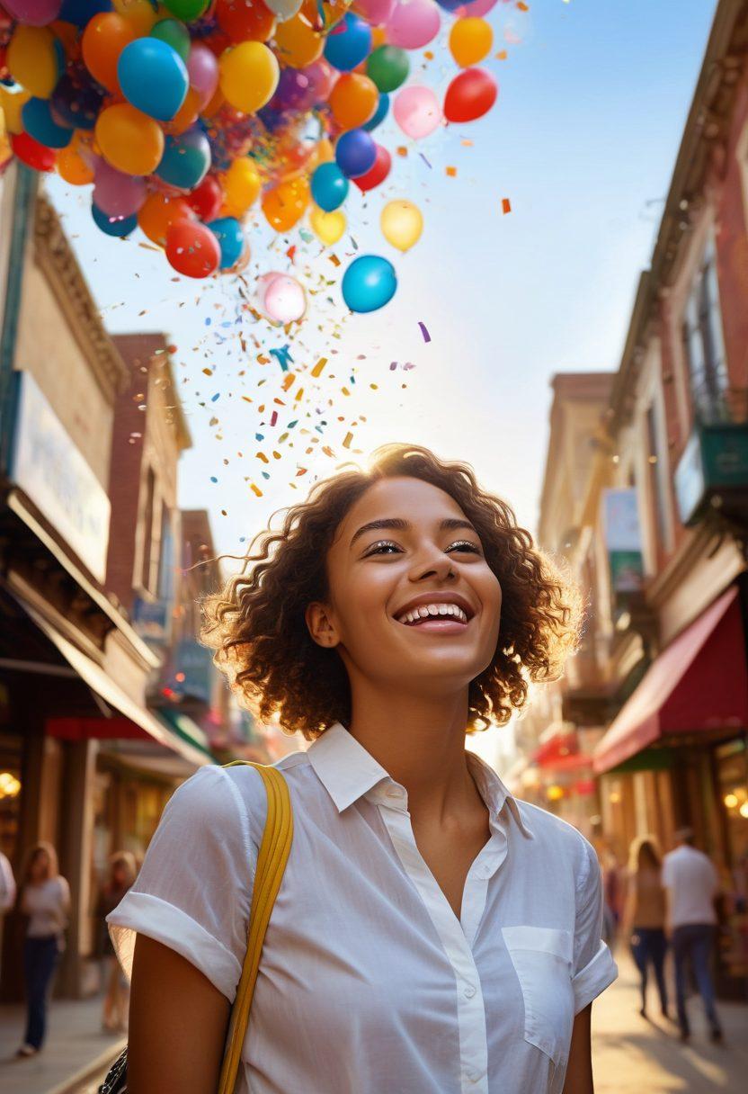 A young adult exploring a vibrant marketplace filled with colorful insurance pamphlets and friendly advisors, smiling as they make budget-friendly choices. In the background, there's a bright sunlit sky and playful elements like balloons and confetti, symbolizing joy and freedom. The atmosphere should feel lively and welcoming. super-realistic. vibrant colors. soft focus.