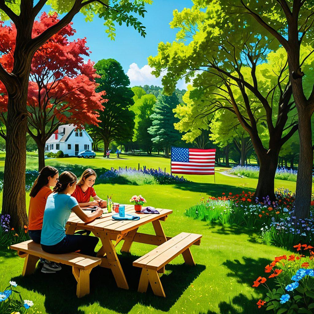 A serene landscape portraying a diverse group of youthful individuals actively engaged in various dream-chasing activities, like studying, painting, and exploring nature. Incorporate symbols of American values, such as the flag subtly integrated into the background. The scene should convey optimism and security, with a warm, inviting atmosphere. 3D style. vibrant colors.