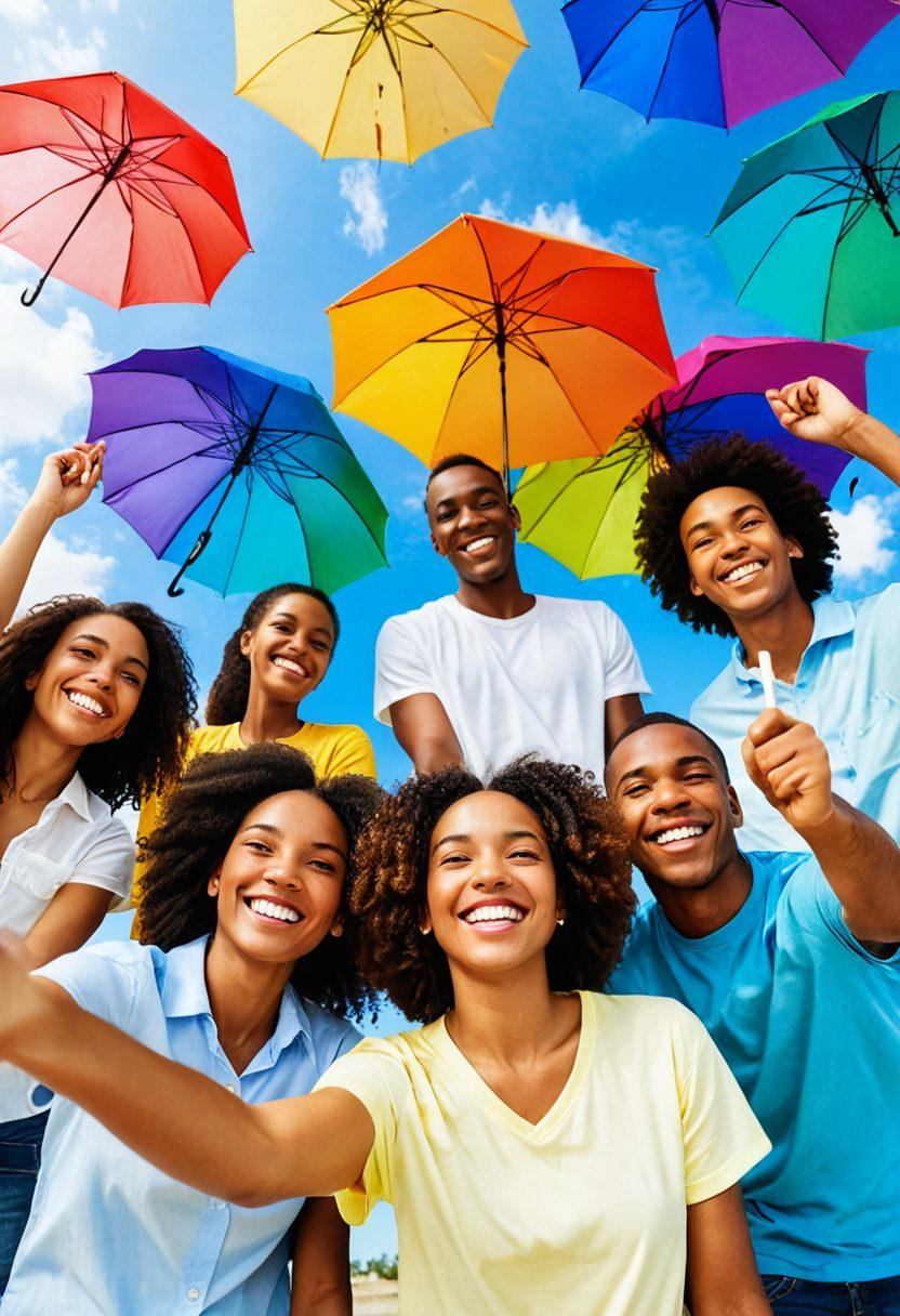 A diverse group of joyful young adults celebrating under a clear blue sky, holding colorful umbrellas symbolizing protection and hope. They are surrounded by vibrant banners showcasing various affordable insurance options, with elements like a piggy bank and a sun shining brightly in the background. The scene radiates positivity, reflecting a bright future and community spirit. bright colors. super-realistic. cheerful atmosphere.
